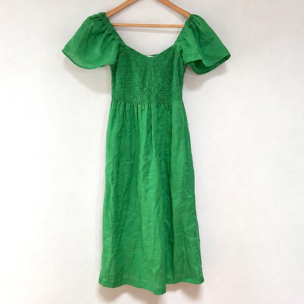 Lusana Green Linen Midi Dress XS Smocked Puff Sleeve Cottagecore Resort